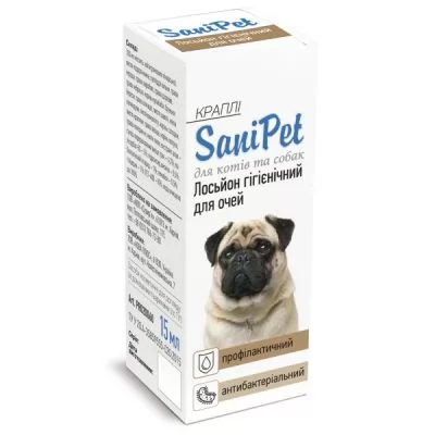 Характеристики Лосьйон-краплі гігієнічний для очей собак та котів SaniPet 15 мл.